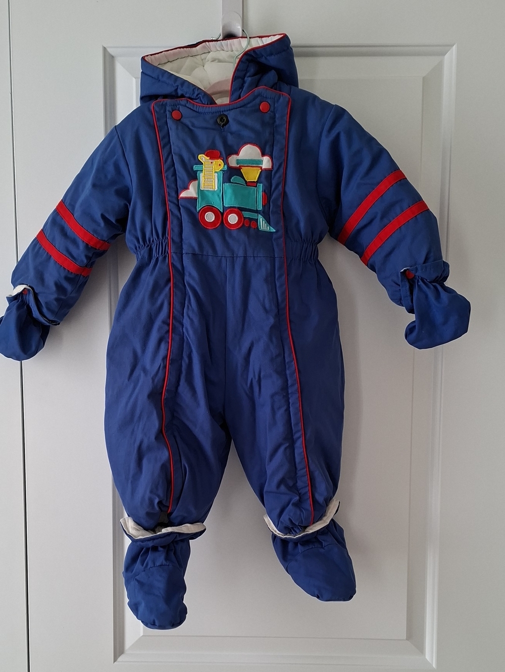 Gerber Vintage Y2K Blue Infant Train-Embroidered One-Piece Snowsuit